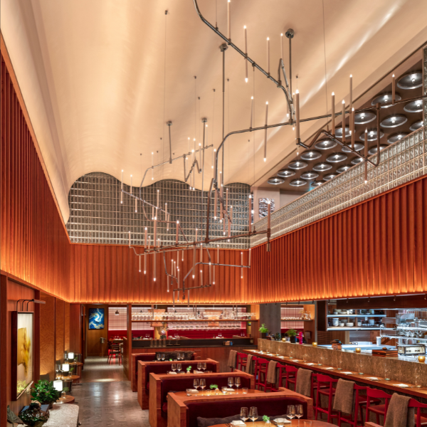 Restaurant lighting design and manufacture - a large candle style chandelier for Studio Frantzen, Harrods.